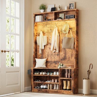 LED Farmhouse Hall Tree – with Bench, Shoe Storage, Side Baskets & Hooks for Entryway