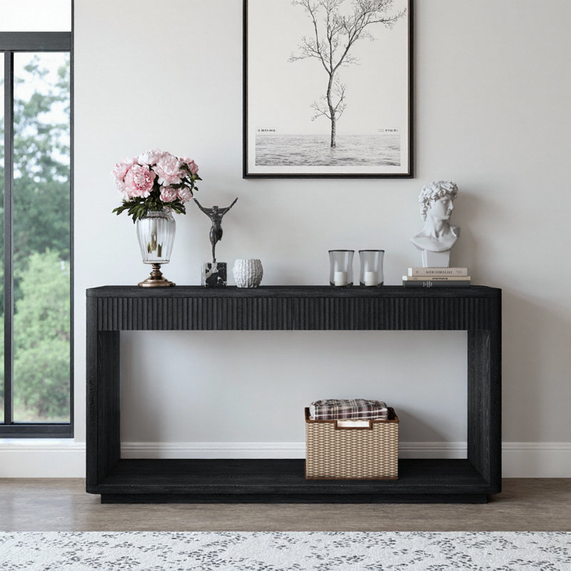 Console cannelée moderne de 60 pouces avec 2 tiroirs - Table de canapé pour le salon, le couloir et le vestibule, Black