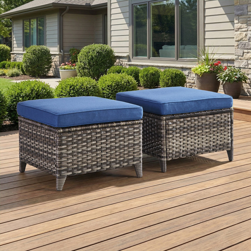 Ensemble de 2 repose-pieds en rotin avec coussins amovibles en osier pour patio, Bleu, Gris