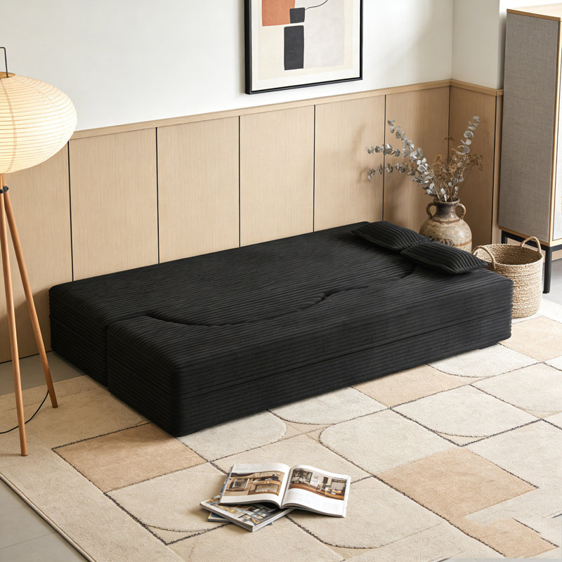 Modern Floor Sofa with 2 Pillows, Corduroy, Black