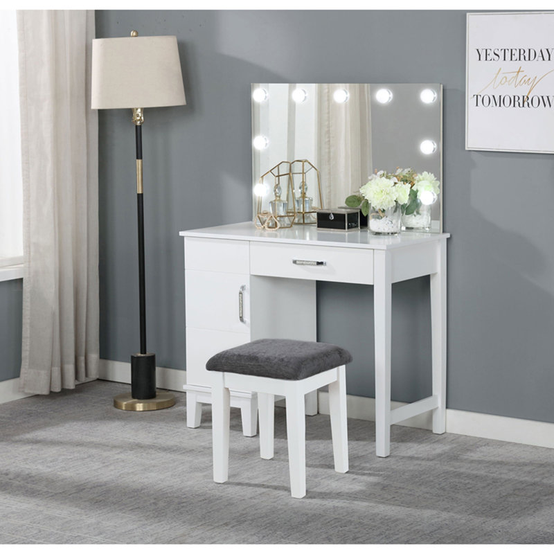 Meuble-lavabo à tiroirs gris foncé et blanc foncé avec tabouret, 36 po de largeur, 51,33 po de hauteur, 19 po de profondeur