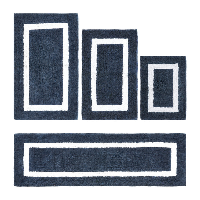 Ensemble de tapis de bain 4 pièces 100% coton 2370 g / m² Arth certifié OEKO-TEX®, tapis de salle de bain très moelleux, super absorbant, réversible, lavable à la machine, confort spa, bleu marine / blanc
