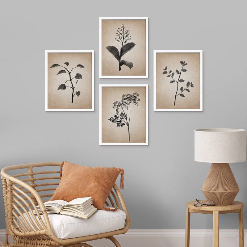 «Duotone Vintage Antique Forest Wildflower», impression sur papier 4 pièces, Blanc, H 10 po x l 8 po