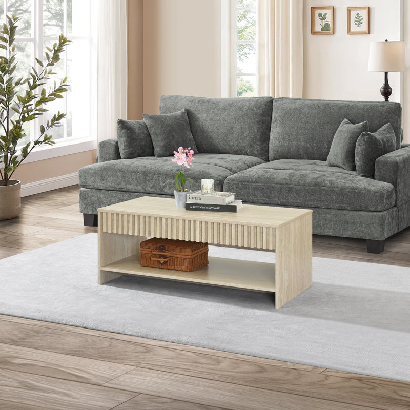 Abdel 39.4" W Mid Century Modern Rectangular Coffee Table, Travertine Beige