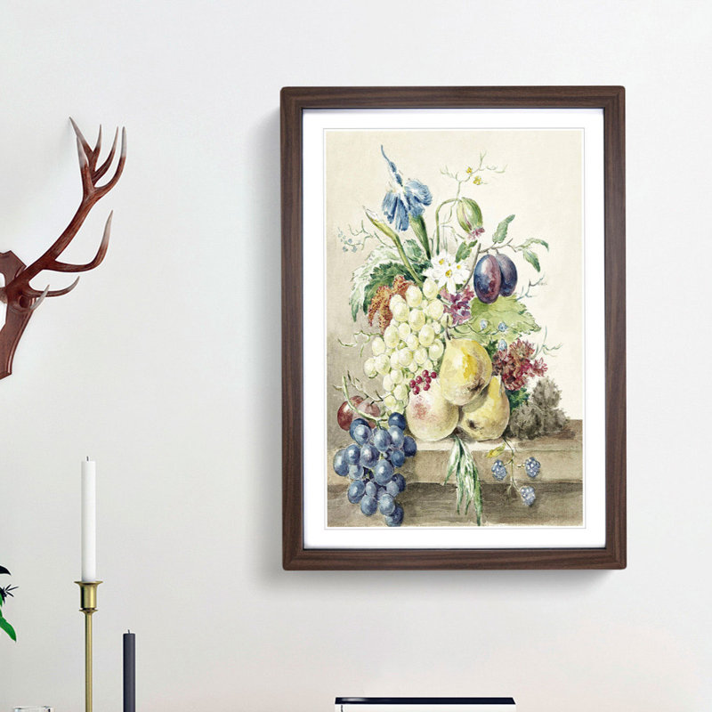 Still Life with Fruit & Flowers by Jean Bernard - Picture Frame Painting Print, 36cm H x 27cm W x 2cm D, Walnut Framed