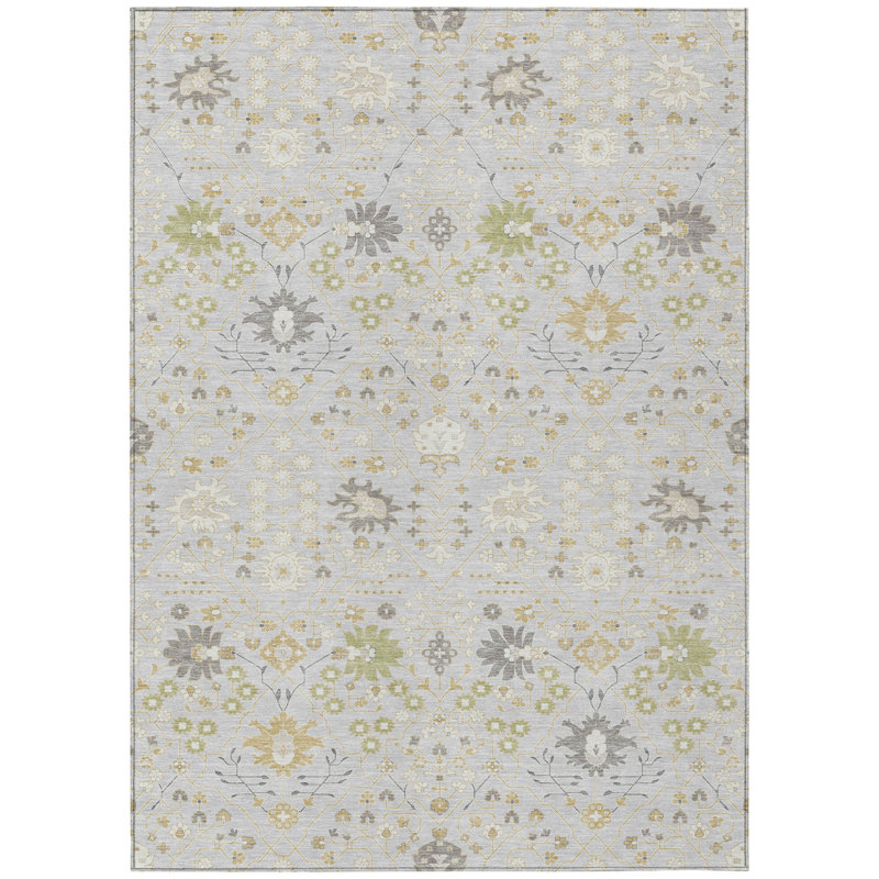 Tapis oriental lavable d'intérieur gris argenté et doré 9 pi x 12 pi