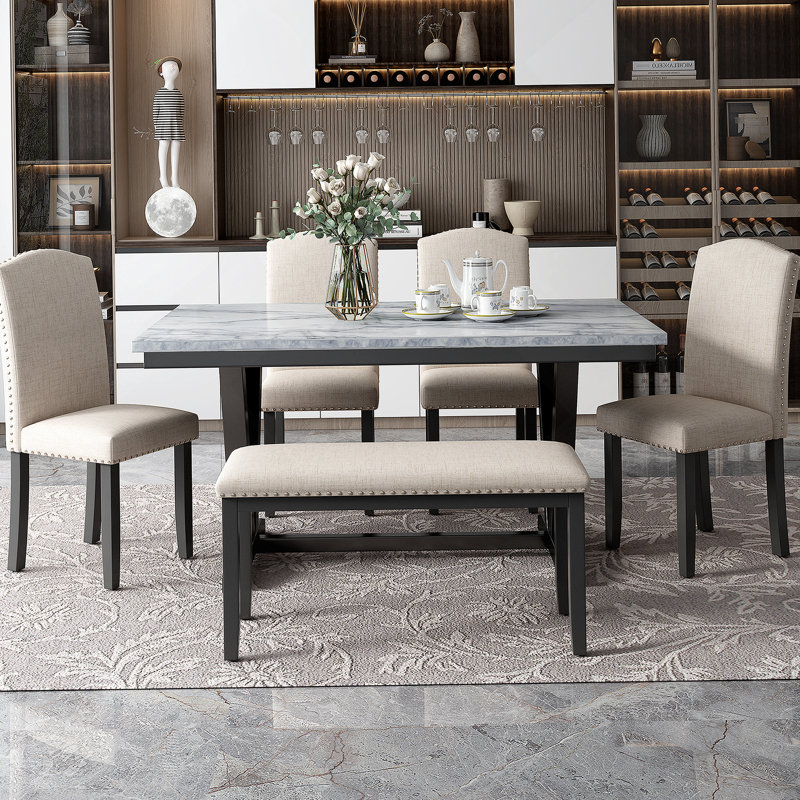 Table de salle à manger 6 pièces avec 4 chaises et 1 banc, table avec placages en marbre