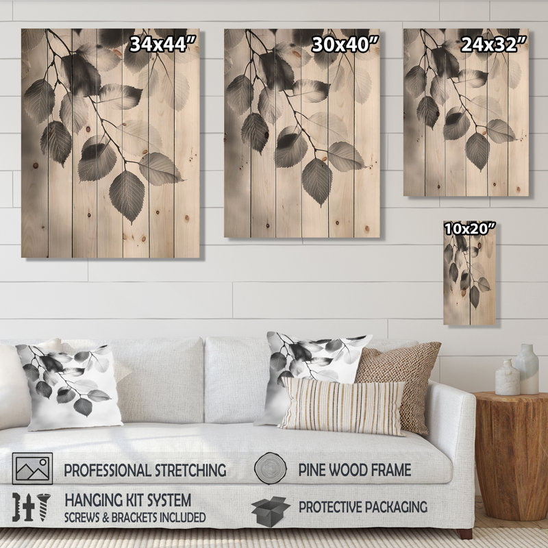 Black White Leaves Gentle Breeze II - Leaves Wood Wall Art - On Natural Pine Wood, 20" H x 10" W x 0.78" D