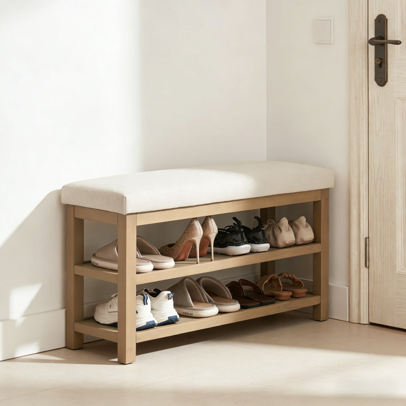 Banc de rangement avec coussin Mid-Century, Light Yellow Wood/White