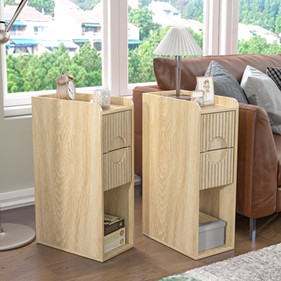 Fluted End Table Set With Drawers(set Of 2), Farmhouse Side Table With Storage