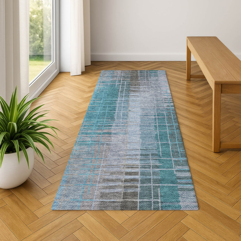 Premium Machine Washable Mayfield AMF2261 Striped Rug, 2'3" x 7'6" Runner, Teal