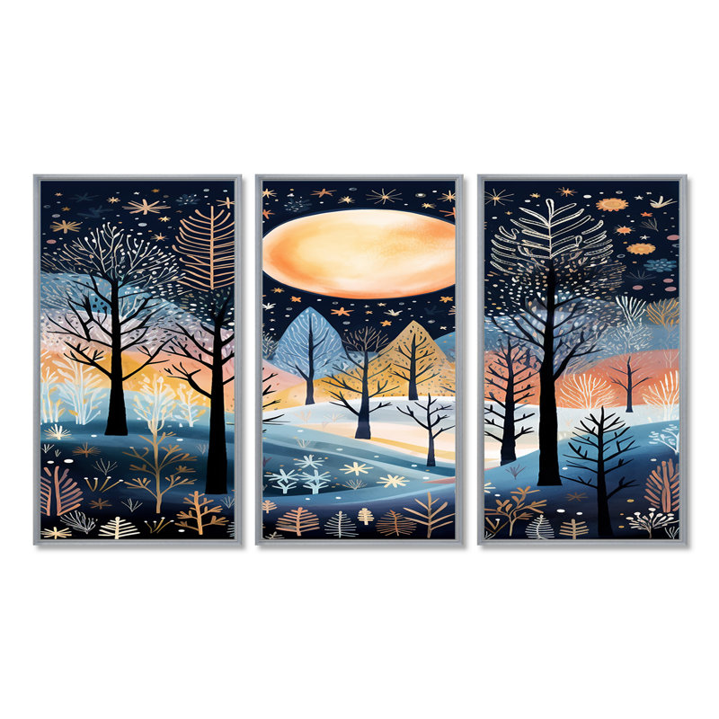 Pleine lune sur les bois d'hiver de Noël - ensemble d'art mural forêt, Encadrement argenté, H 28 po x l 36 po x P 1 po