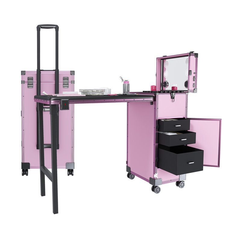 Table portable Nail Art avec miroir DEL et haut-parleur Bluetooth, station de manucure pliante rose