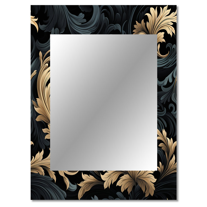 Tabria noir et or fleurs de damas - miroir décoratif damassé, miroir mural bohème, impression d'art en métal, 40 po x 30 po