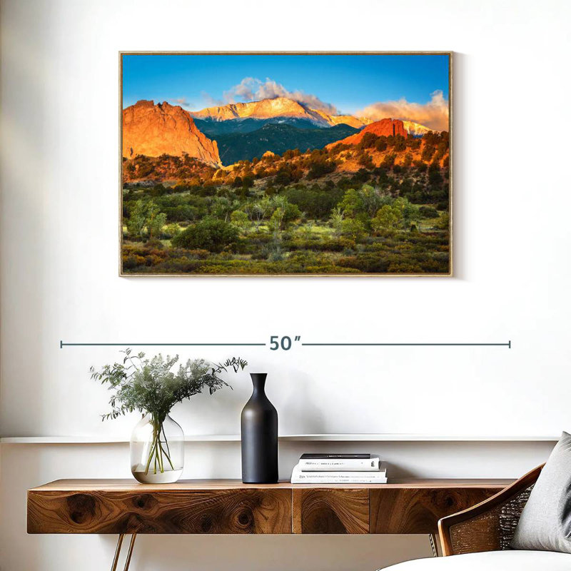 Pikes Peak Mountainscape, Floating Frame Natural Wood, 37" X 25"