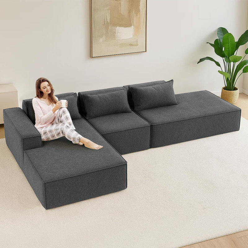 Canapé en chenille 3 pièces sans assemblage requis, Orienté à droite, H 27,6 po x l 115,1 po x P 70,9 po, Gris chenille