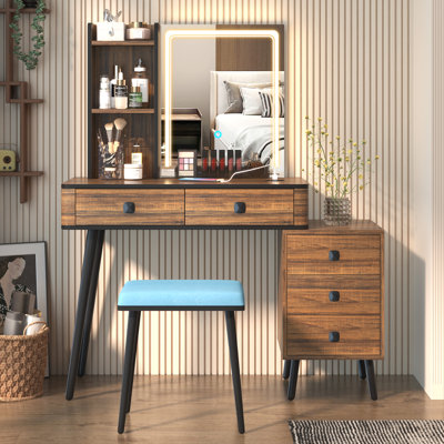 Makeup Vanity with Tri-Color Dimmable Light Mirror, Charge Station, 5-Drawer Sub-Cabinet, Soft Stool