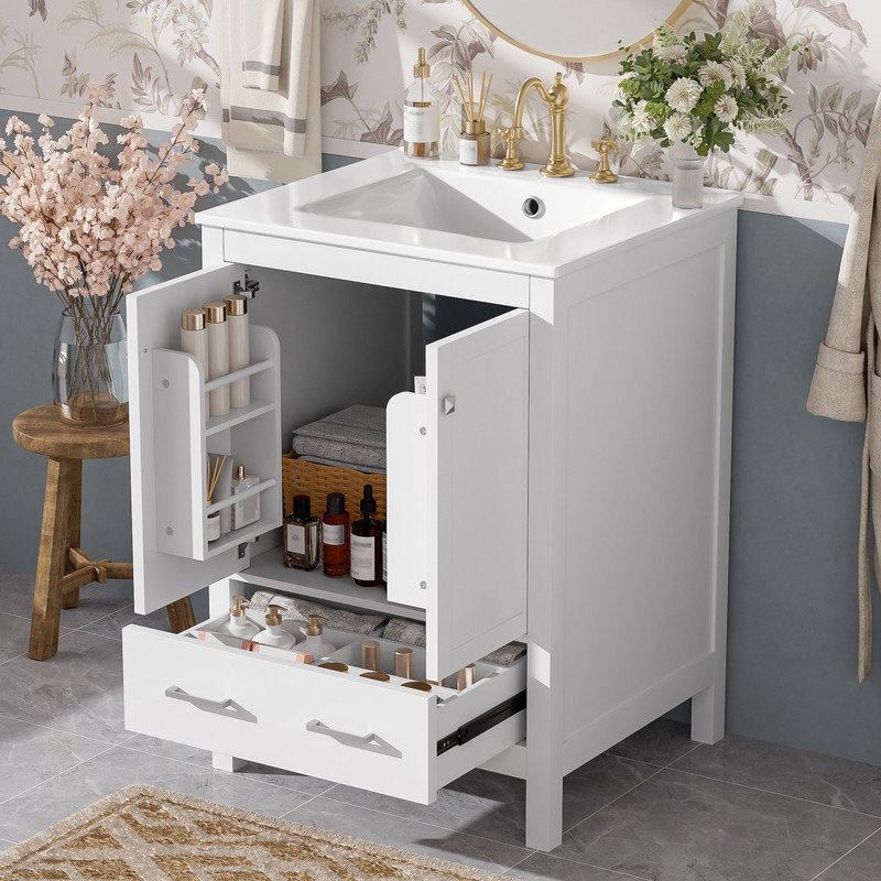 Meuble-lavabo de salle de bain avec lavabo encastré intégré et cabine de rangement, Blanc