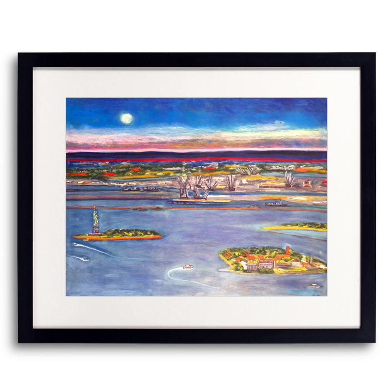 Ellis Island par Karin Batten - Peinture, 16" H x 20" W, Papier avec cadre noir
