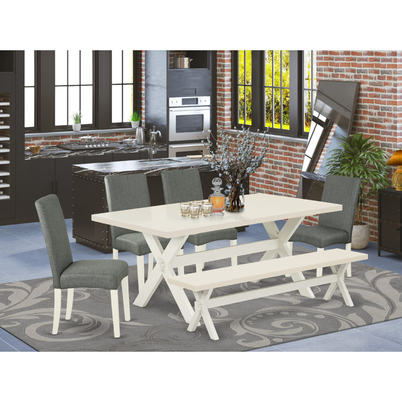 6-piece dining table set Grey Smoke Linen Fabric Seat and Stylish Chair Back Dining chairs, A Rectangular Bench, and Rectangular top dining table with Hardwood Legs - linen white