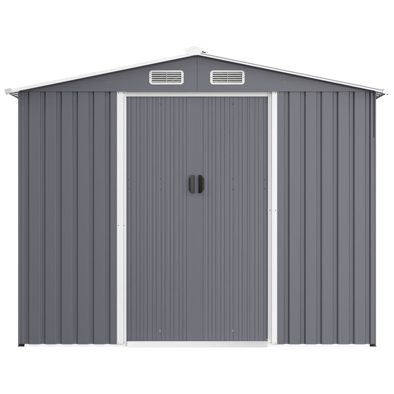 8 X 12 Ft Outdoor Metal Storage Unit - Weather & Spacious Sliding Doors Ventilation Store Tools Backyard Grey Heavy Duty Shed Material With Corrosion Resistance Air Vent Backyard, Patio