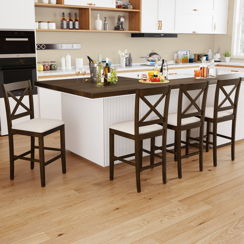 Rubber Wood X-Back Bar Stools Set of 2 with Upholstered Cushioned Seats & Footrests Dark Brown and Cream, Brown