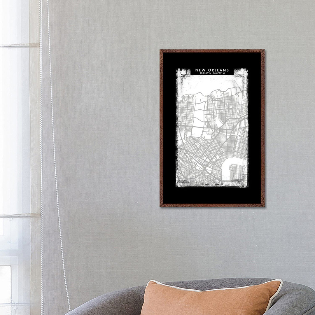 New Orleans Stadtplan Schwarz Weiß Grau Stil von WallDecorAddict - Gallery-Wrapped Canvas Giclée on Canvas