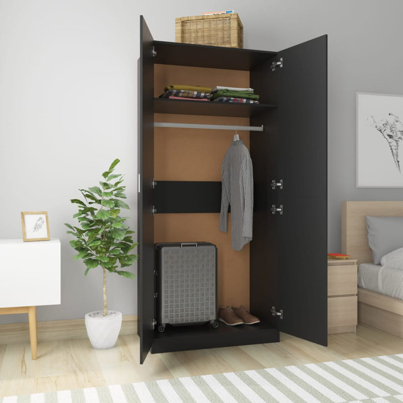 Benefiel 2 Door Manufactured Wood Wardrobe, Black, 180cm H x 80cm W x 52cm D