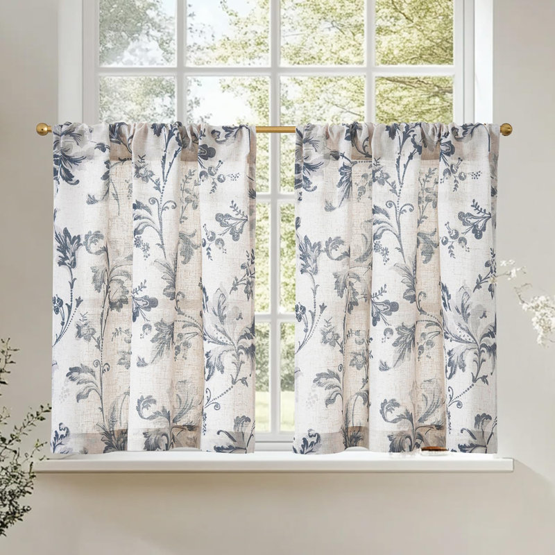 Rideaux en lin à motif floral avec passe-tringle, L 26 po x L 24 po, Gris