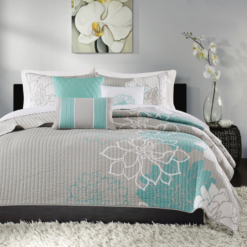 Lola Floral 6 Piece Reversible Cotton Quilt Set, Full/Queen Coverlet+2 Standard Sham+3 Throw Pillow, Aqua