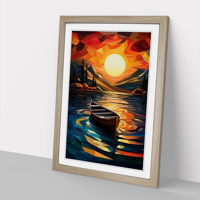 Boat on a Lake Orphism Art - Framed Print, 64cm H x 46cm W x 2cm D, Oak Framed