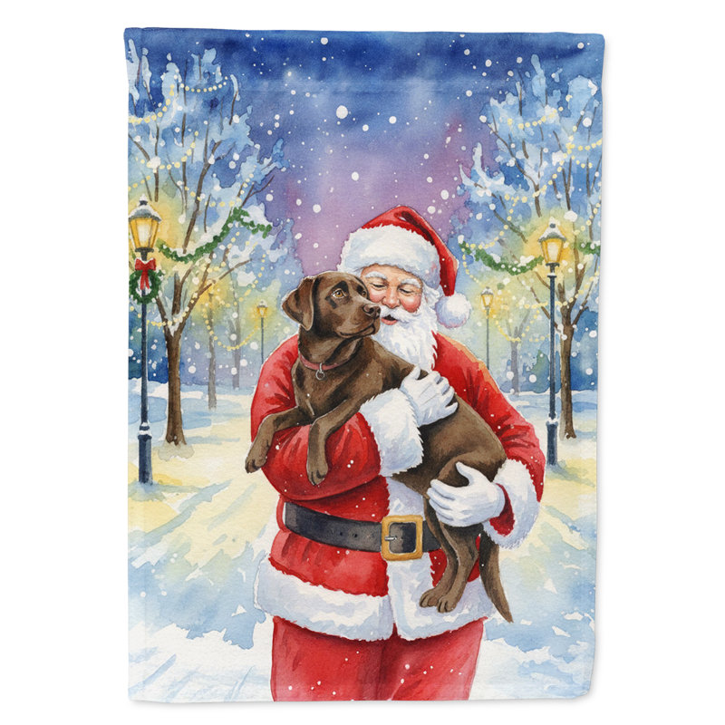 Labrador Retriever chocolat avec drapeau de la maison du Père Noël, Taille de la maison, Labrador Retriever chocolat