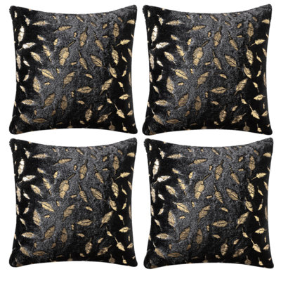 Set Of 4 Throw Gold stamp feather design faux fur Cushion (INSERT INCLUDED)