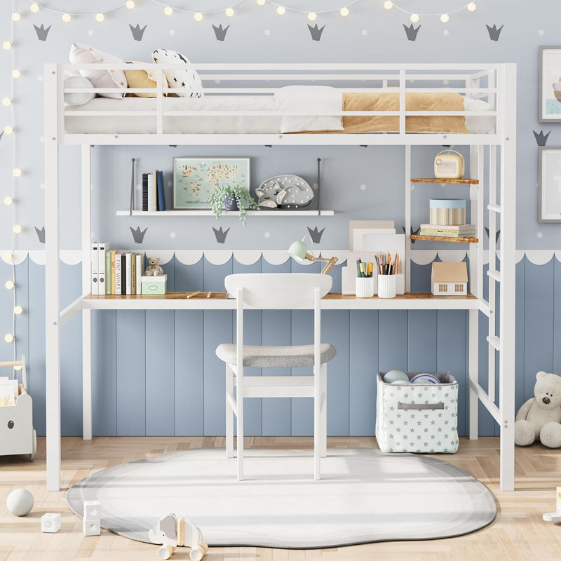 Twin Loft Bed with Large Desk & Storage Shelves, Heavy-Duty Metal Frame with Full Guardrail, Space-Saving Design