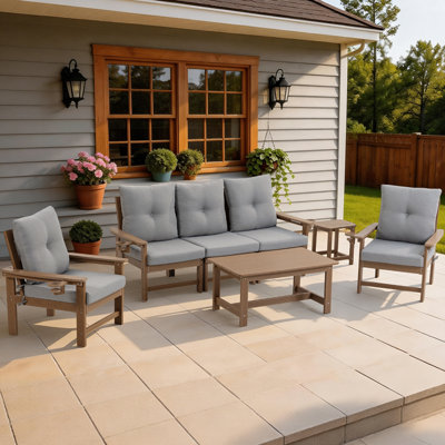 Outdoor Patio Furniture Set,  7 PCs All Weather Performance HDPE Patio Conversation Set w/Back and Seat Cushions, Free Combination Outdoor Furniture for Patio, Lawn, Poolside and Backyard -Brown