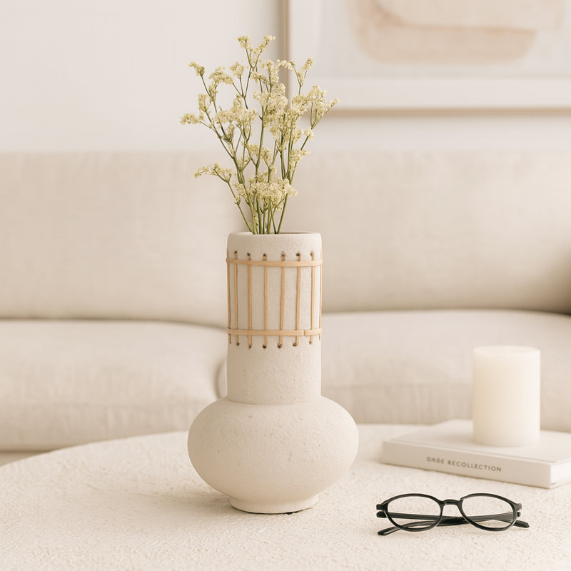 Boho Decorative Vase with Pottery Ecomix and Cane Accents - Handmade Woven Style Modern Versatile Statement Decor Piece
