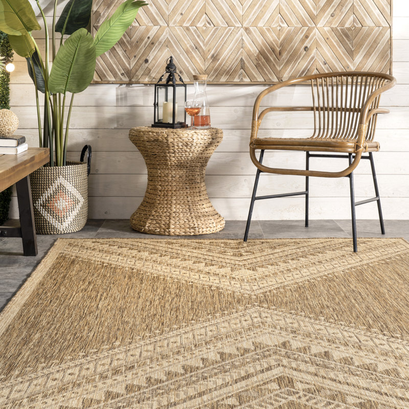 Alsie Southwestern Geometric Power Loomed Indoor/Outdoor Patio Rug, Rectangle 9'6" x 12', Beige 