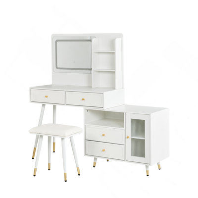 Modern Makeup Vanity Desk With Mirror And Lights, Retractable Dressing Table With Drawers And Cabinet, Compact Makeup Table Set With Power Outlet For Bedroom, White