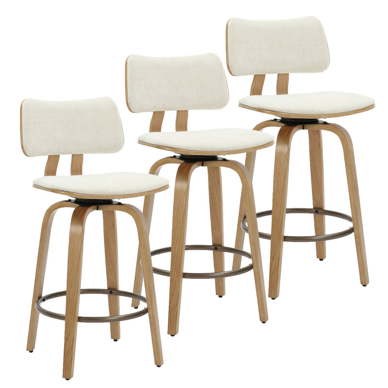 Brinson Mid-Century Faux Leather and Wood 26" Counter Stool with Swivel, Set of 3, Beige/Natural