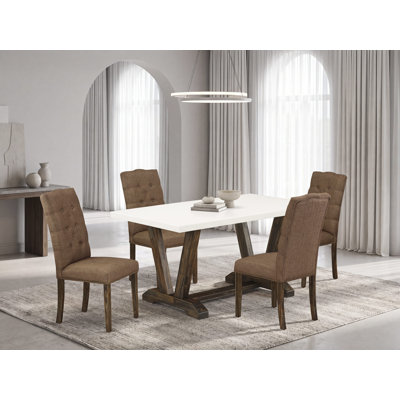 5-Piece Dining Room Table Set Contains a Linen White (Off-White) Rectangular Table and 4 Brown Linen Fabric Upholstered Chairs with Button Tufted Back - Distressed Jacobean Finish