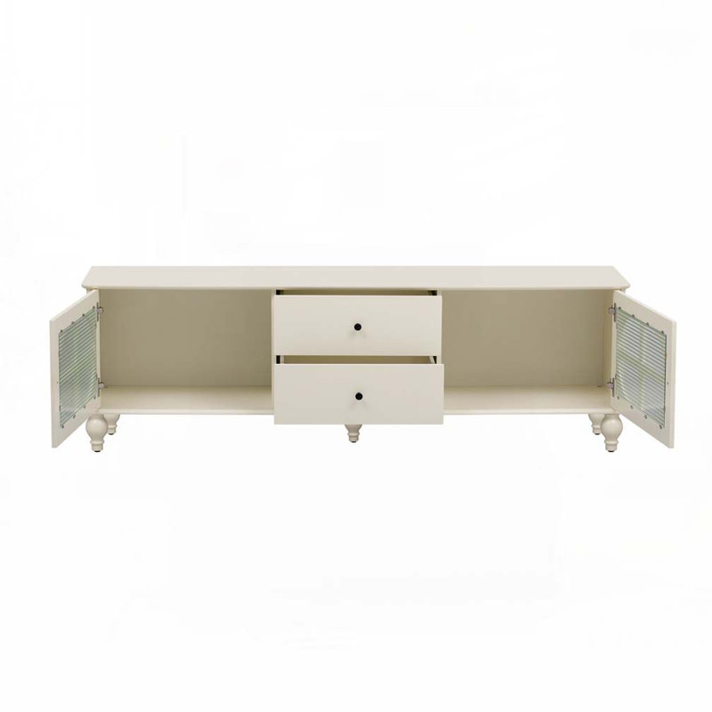 TV Stand with Fluted Glass Doors, 2 Drawers, 2 Cabinets and Wood Legs, Antique White