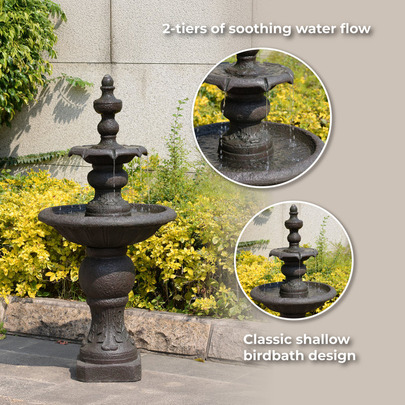 Plourde 2-Tier Classic Pedestal Outdoor Water Fountain with Adjustable Flow, Shallow Basin, and Weather-Resistant Design