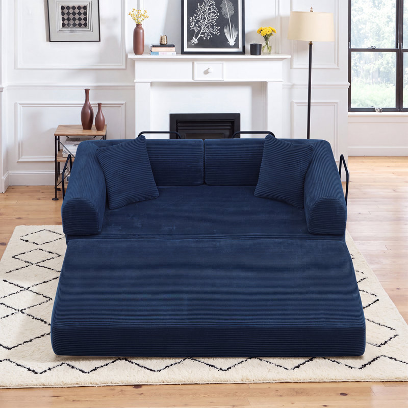 63" Boneless Corduroy Sleeper Sofa Bed, Modular Futon Couch, Compression Foam Sofa with 2 Pillows, No Assembly Required, Blue