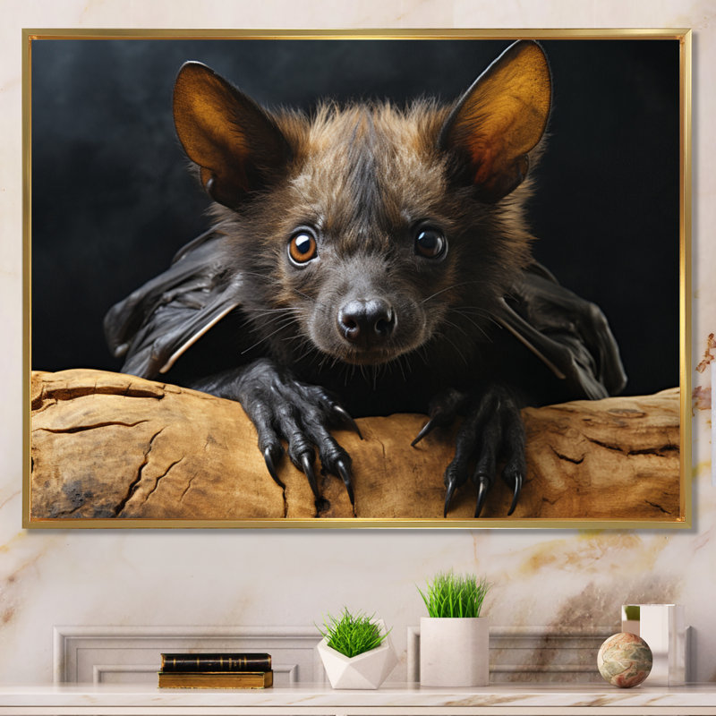 Portrait de chauve-souris I - Impressions encadrées de chauve-souris, H 30 po x l 40 po x P 1,5 po, Cadre flottant doré