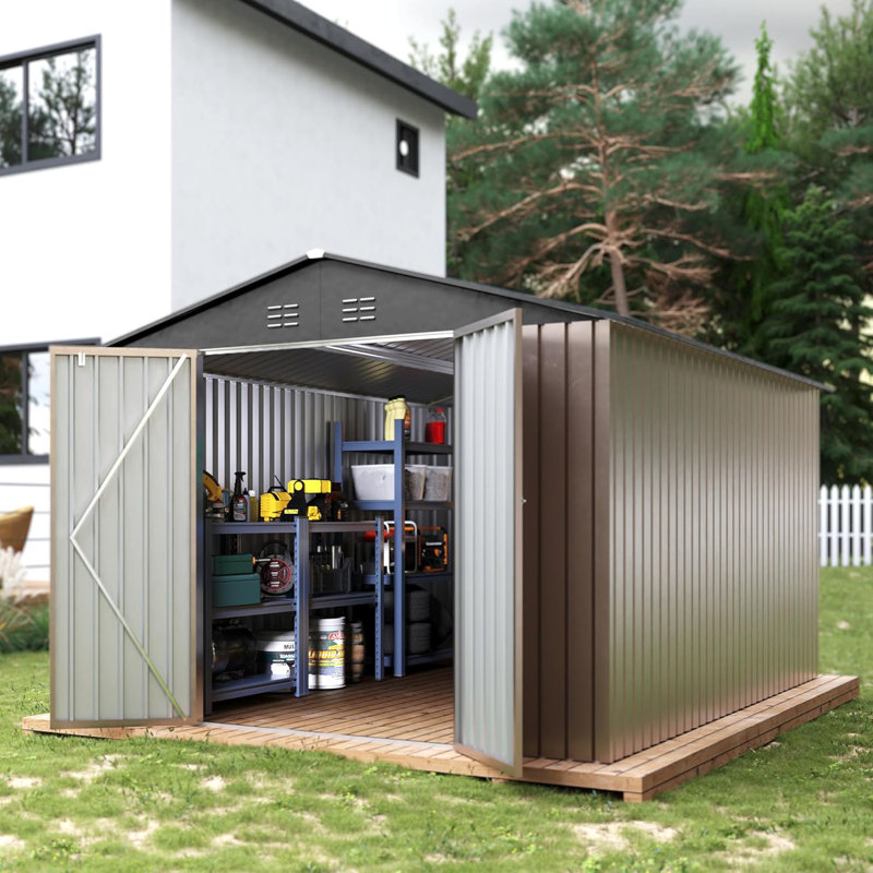 8x12 Ft Brown Galvanized Steel Waterproof Outdoor Metal Garden Shed With Lockable Doors For Bike And Tool Temporary Storage