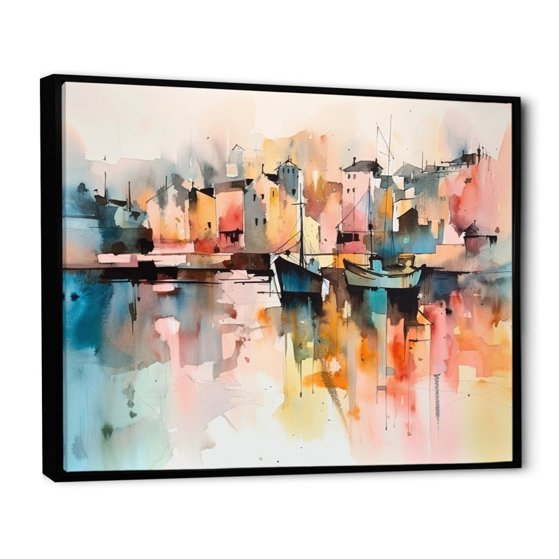 «Orange and Yellow Harbor Reflections», reproduction sur toile encadrée, Noir, H 12 po x l 20 po x P 1 po