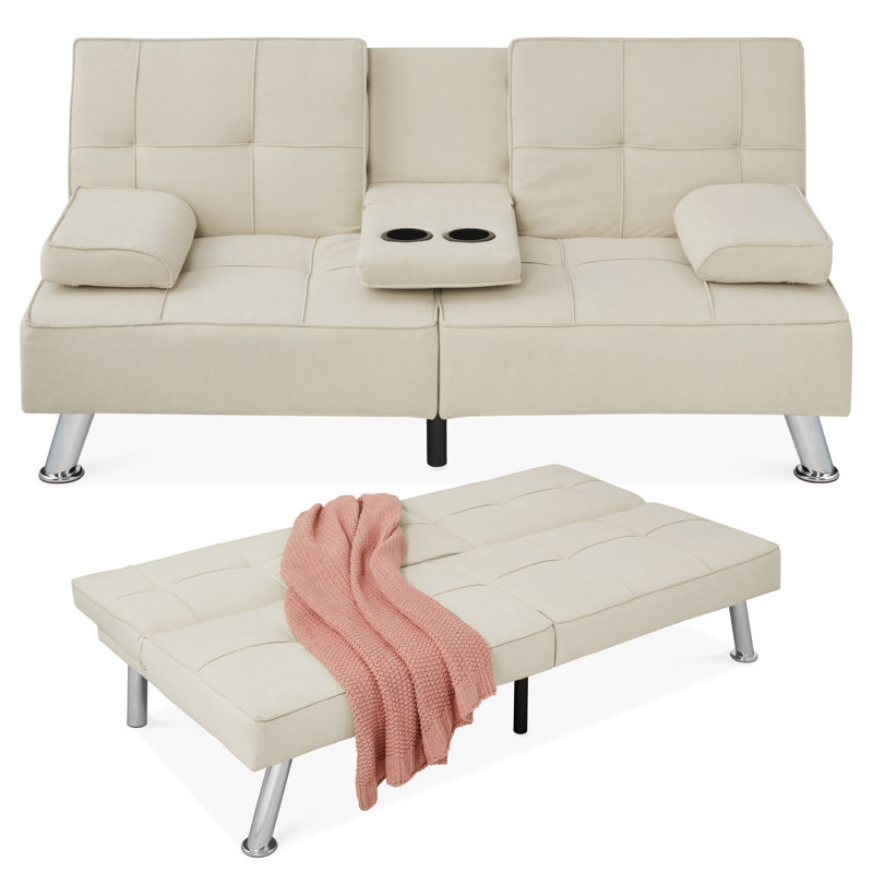 Latsia Modern Linen Convertible Futon Sofa Bed w/ Removable Armrests, Metal Legs, Cupholders, Ivory