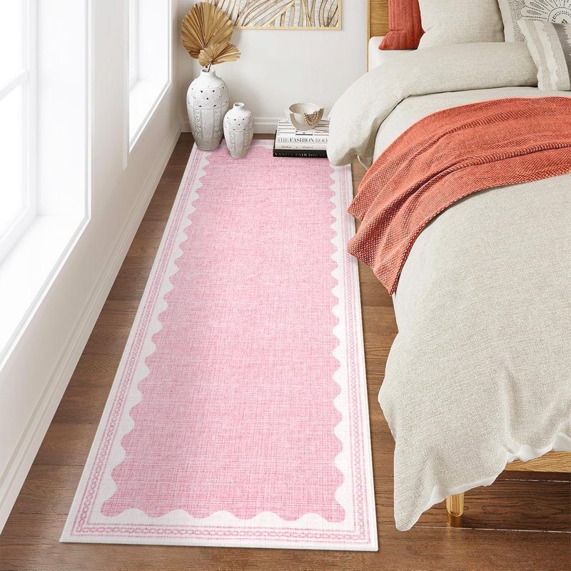Scalloped Machine Washable Rug Modern Solid Floor Mats with Non-Slip Backing, Stain-Resistant Low Pile Accent Rug, Contemporary Indoor Carpet for Living Room, Bedroom, Office