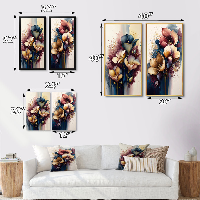 «Bouquet de lys bleu et bourgogne Cally I», 2 pièces sur toile, Toile tendue, H 40 po x l 40 po