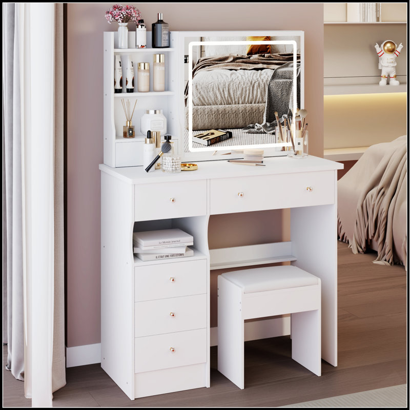 37-Inch Vanity Table With Sliding LED Mirror, Touch Control, Tri-Color Lighting, And High-Capacity Storage For Spacious Bedrooms